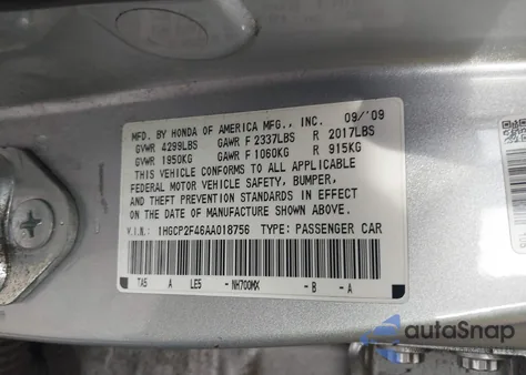 2010 Honda Accord 2.4 Lx-P z USA, uszkodzony, nr VIN 1HGCP2F46AA018756